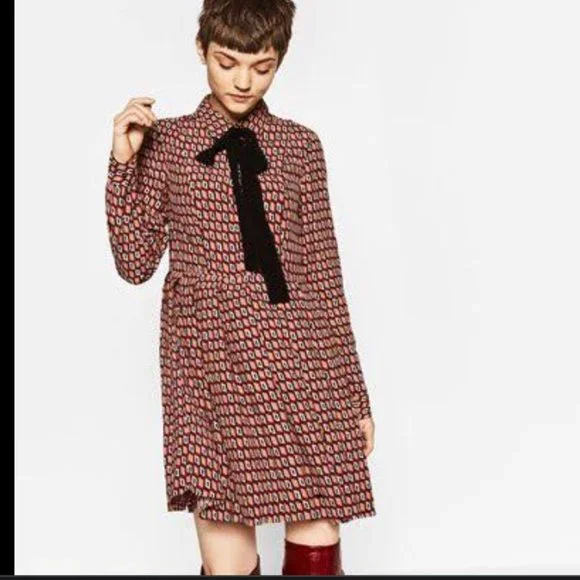 Sales - ZARA Geometric Print Shirt Dress with neck tie - Size S